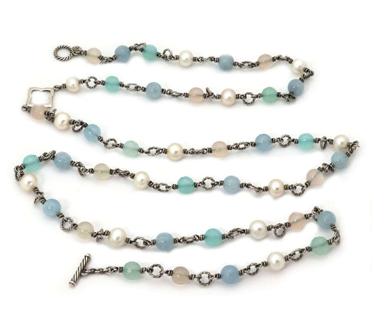 David Yurman Sterling Silver Quatrefoil Bijoux Beaded Necklace 40” Long