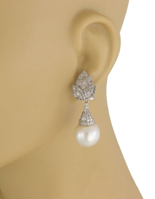 Baguette Diamond 16mm Large Pearl 18k White Gold Floral Dangle Earrings