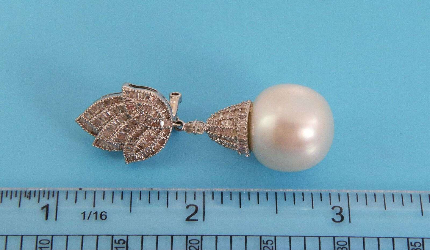 Baguette Diamond 16mm Large Pearl 18k White Gold Floral Dangle Earrings