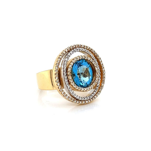 Blue Topaz Diamond 14k Yellow & White Gold Statement Ring