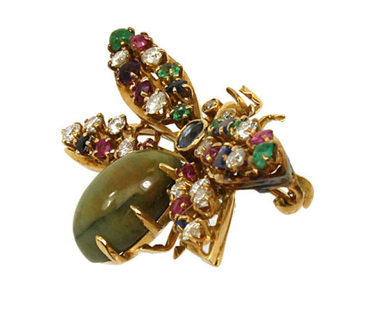 Diamond & Multi-Color Gems Jade 14k Yellow Gold Winged Bug Brooch