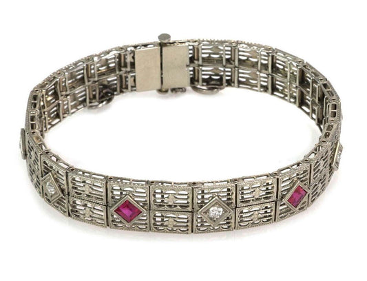 Art Deco Diamond 18k White Gold Filigree Bracelet