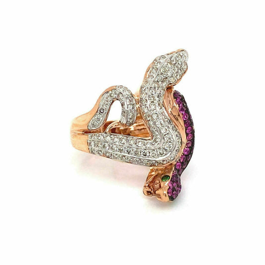 Snake Diamond Ruby & Green Garnet 18k Rose Gold Ring - Size 6