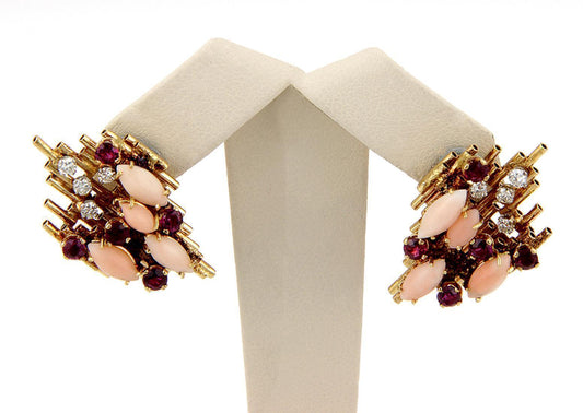 George Weil Diamond & Gems 18k Yellow Gold Platinum Post Clip Earrings