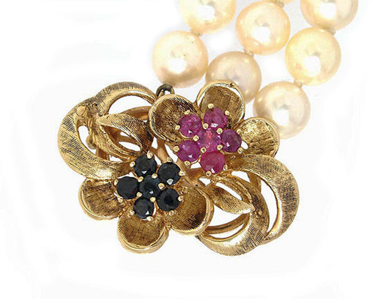 Sapphire & Ruby Triple Strand 14k Yellow Gold Pearl Bracelet