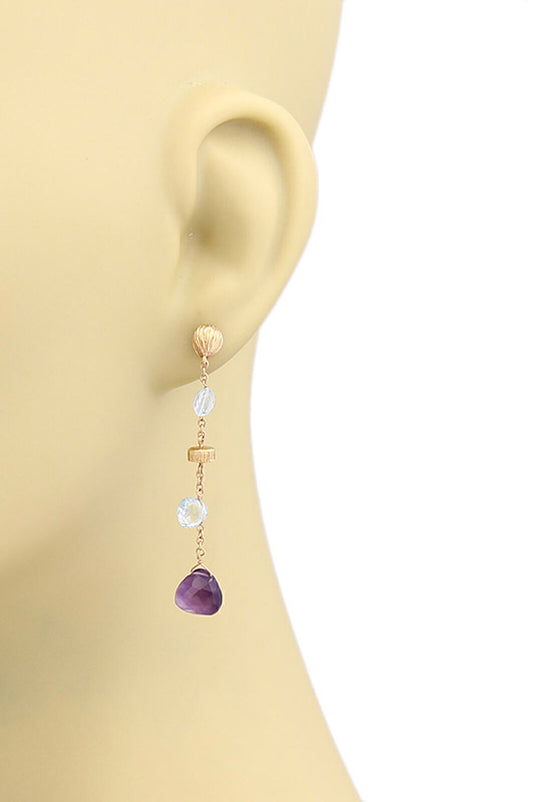 Amethyst Blue Topaz Bead 18k Rose Gold Dangle Earrings
