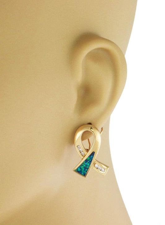 Diamond & Opal 14k Yellow Gold Ribbon Loop Post Clip Earrings