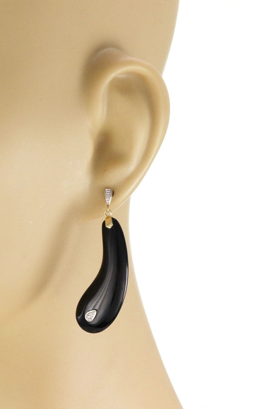 Onyx & Diamond 14k Two Tone Gold  Long Teardrop Dangle Earrings