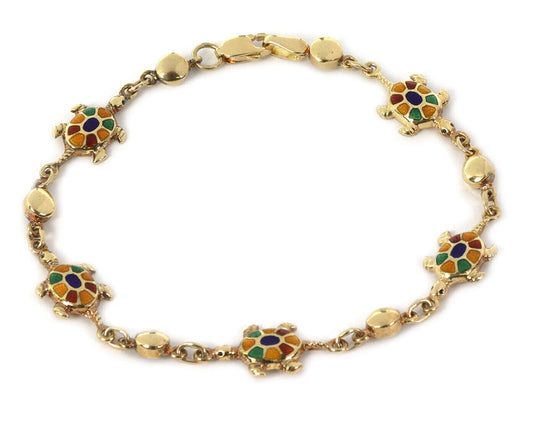Multi-Color Enamel Turtle 14k Yellow Gold Charms Bead Bracelet