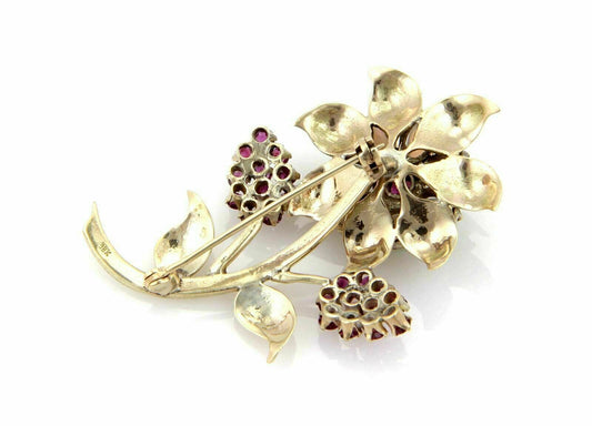 Opal & Ruby Flower 18k Yellow Gold Pin Brooch