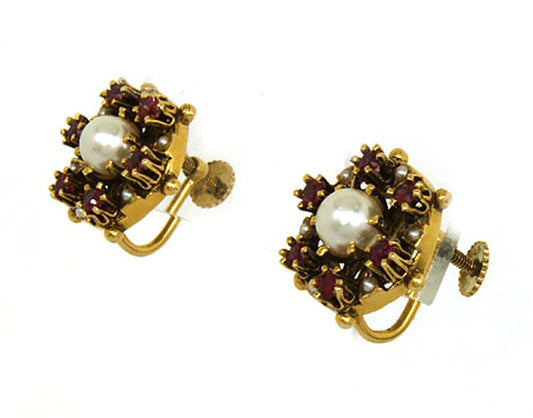 Pearls & Rubies 14k Yellow Gold Floral Screw Back Earrings