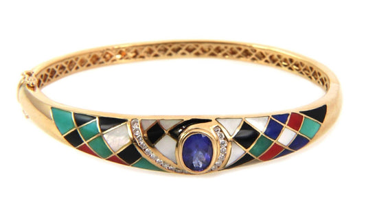 Diamond & Tanzanite Multicolor Gems Inlay 14k Yellow Gold Bangle Bracelet