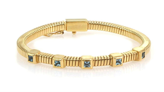 Square Cut Blue Topaz Flex 18k Yellow Gold Bracelet