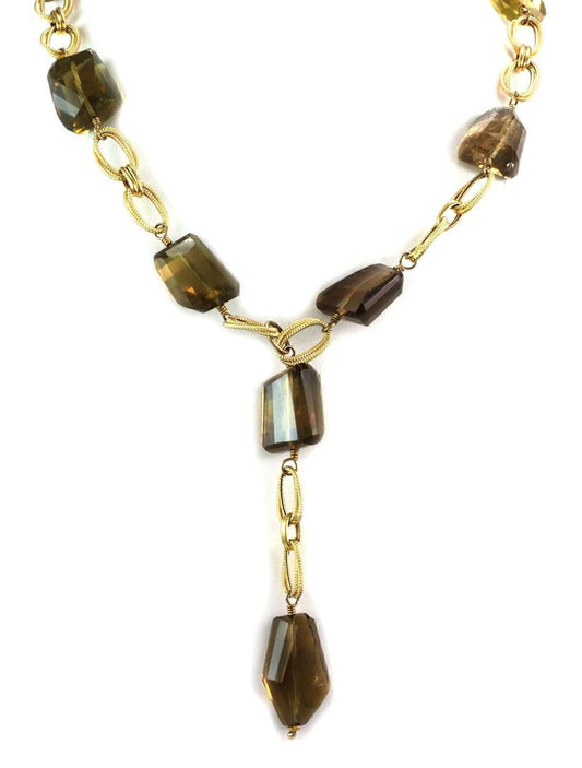 Smoky Quartz Fancy Oval Link 14k Yellow Gold Lariat Necklace