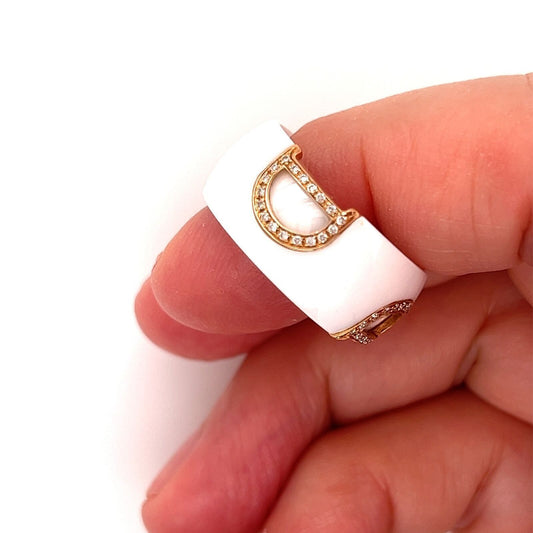 Damiani D Logo Diamond White Ceramic 18k Rose Gold Band Ring - Size 7