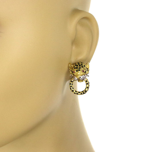 Diamond & Ruby Enamel Leopard 18k Gold Door Knockers Post Clip Earrings