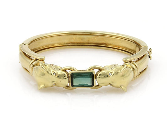 Panther Head Green Tourmaline & Diamond 18k Two Tone Gold Bangle Bracelet