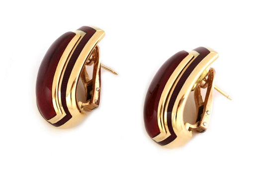 Leo De Vroomen Guilloche Red Enamel Clip On 18k Yellow Gold Earrings