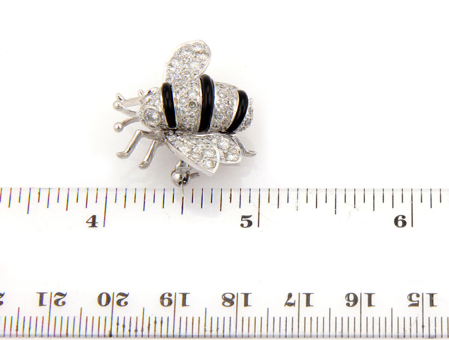 Diamond Onyx Bumble Bee 18k White Gold Pin Brooch