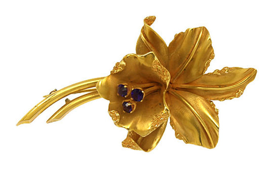 Amethyst Lilly Flower 14k Yellow Gold Brooch & Screw Earrings Set