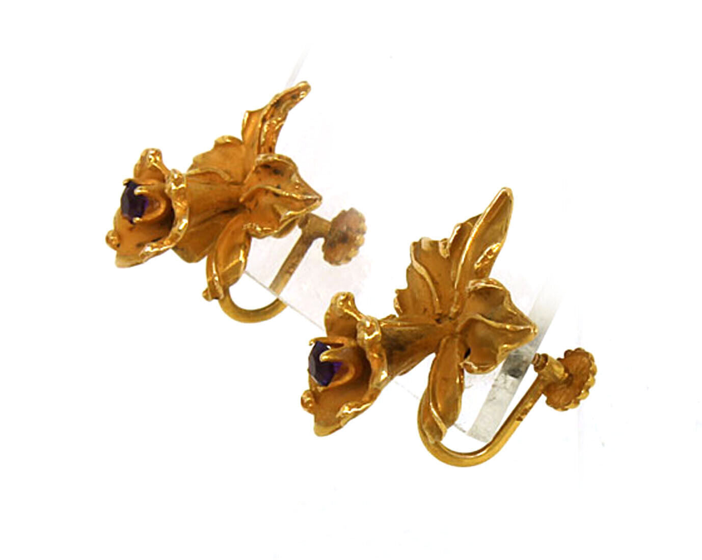 Amethyst Lilly Flower 14k Yellow Gold Brooch & Screw Earrings Set
