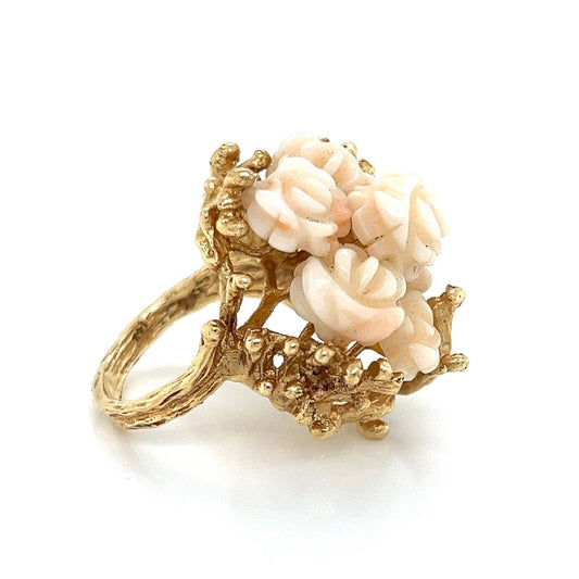 Angel Skin Coral 14k Yellow Gold Rose Tree Ring - Size 7