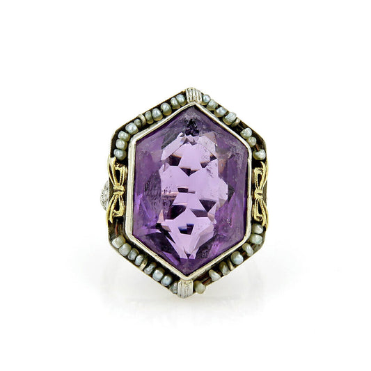 Art Deco Amethyst & Seed Pearls 18k Two Tone Filigree Flower Ring - Size 5.75