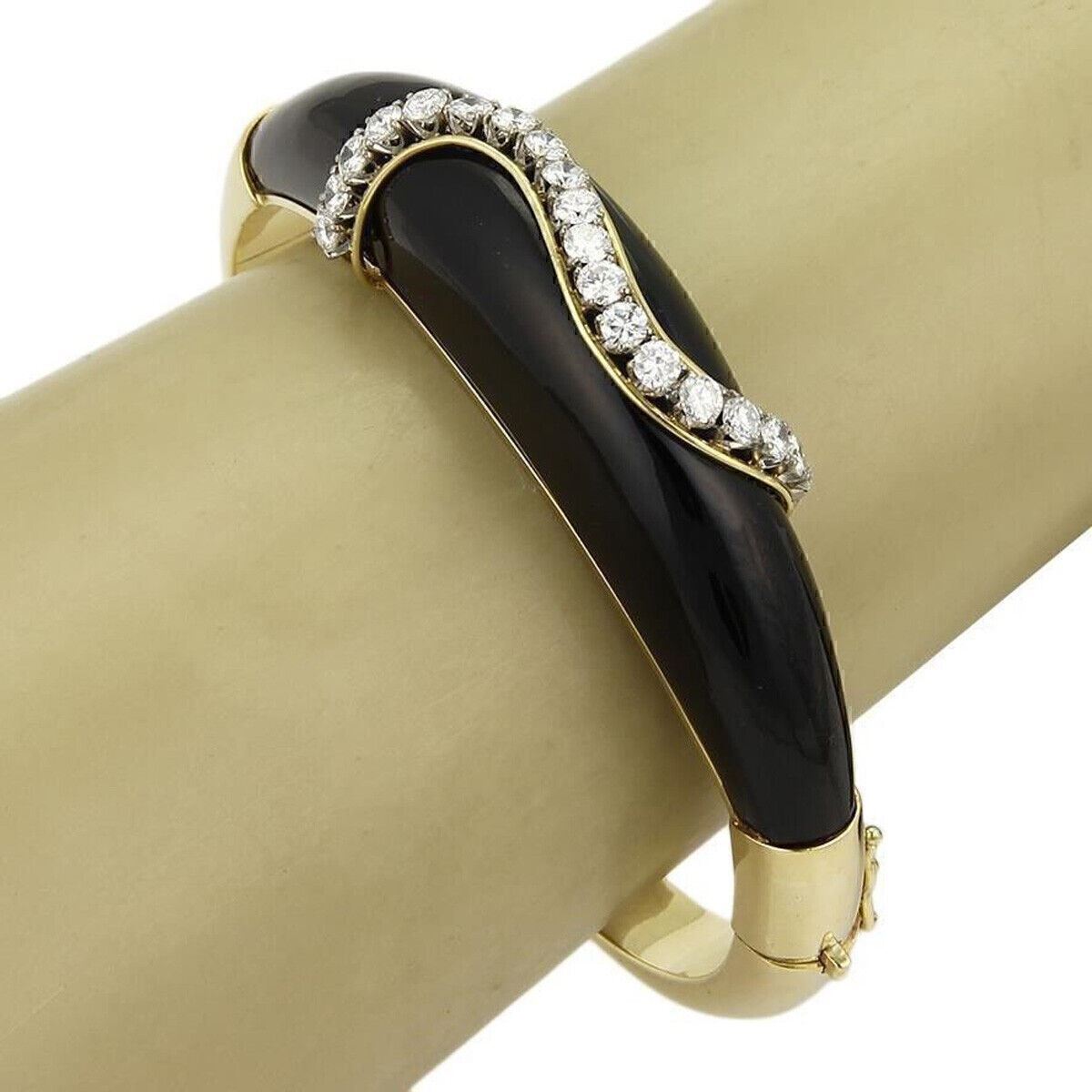 Black Onyx & Diamond 18k Yellow Gold Fancy Bangle Bracelet