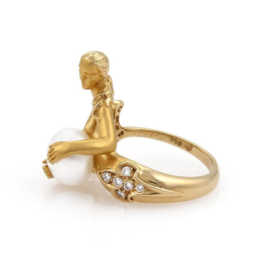 Carrera y Carrera Diamond Pearl 18k Yellow Gold Mermaid Ring - Size 5