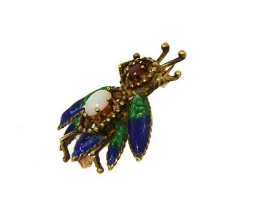 Opal Ruby Green & Blue Enamel 14k Yellow Gold Bee Pin Brooch