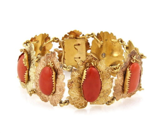 Cabochon Coral Textured Leaf 18k Two Tone Gold Link Bracelet