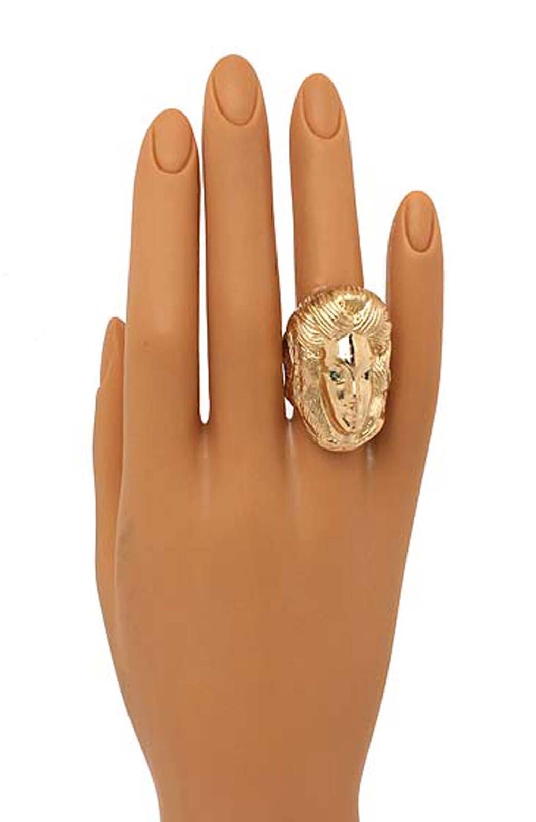 Large 14k Yellow Gold & Emerald Woman Face Ring - Size 6.5