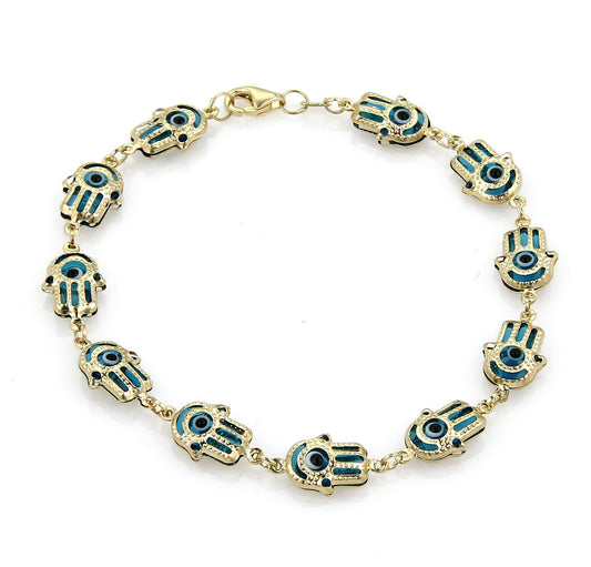 Multi Light Blue Evil Eye Hamsa Hands Link 14k Yellow Gold Bracelet