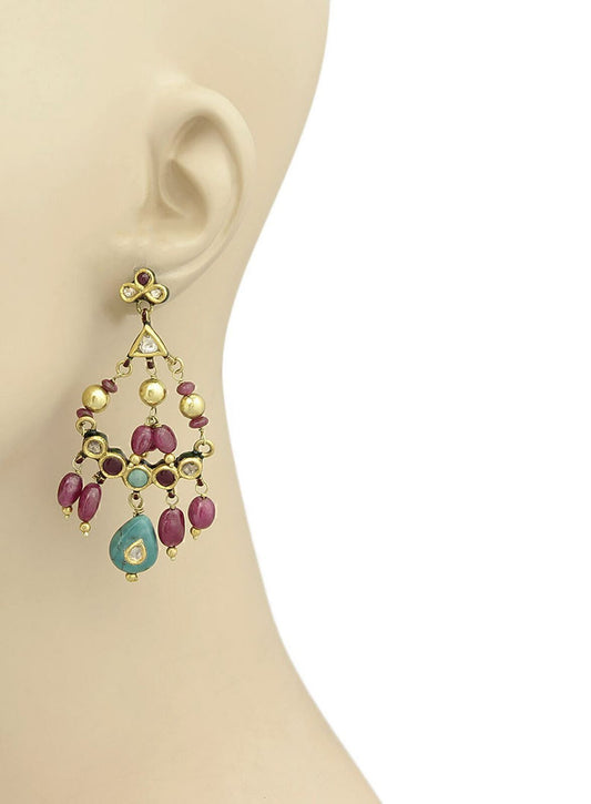 Rubies Turquoise & Enamel 22k Yellow Gold Chandelier Earrings