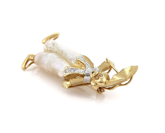 Diamond Baroque Pearls 14k Gold Clown w/Umbrella Pin Brooch