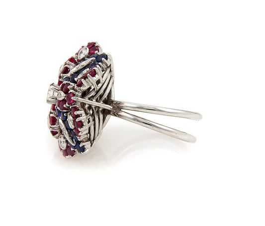 Diamonds Sapphire & Rubies 18k White Gold Floral Cluster Ring - Size 7