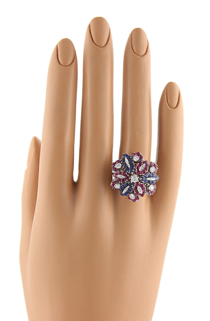 Diamonds Sapphire & Rubies 18k White Gold Floral Cluster Ring - Size 7