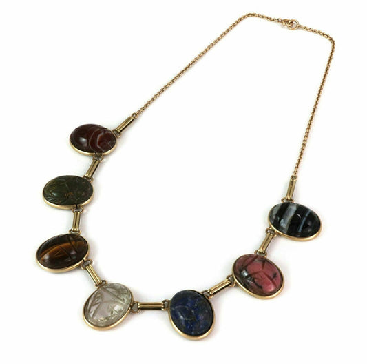 Oval Multicolor Carved Gemstone 14k Yellow Gold Scarab Necklace