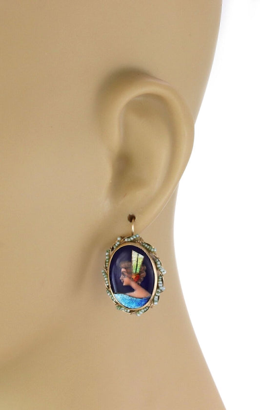 Pearl & Hand painted 14k Yellow Gold Enamel Cameo Earring