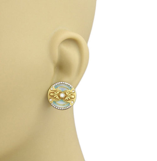 Plique a Jour Enamel & Diamond Round Stud 18k Yellow Gold Earrings