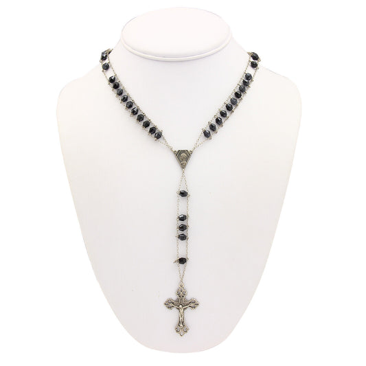 Onyx Beads 800 Silver Cross Rosary Pendant Necklace