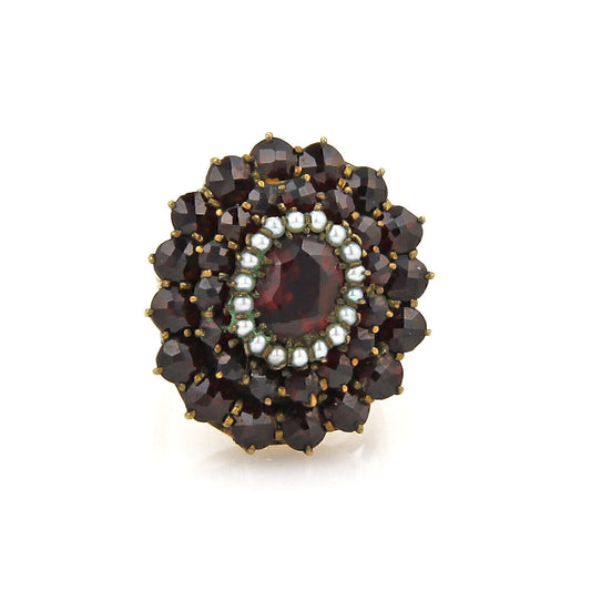Garnet & Seed Pearls 14k Yellow Gold Cluster Ring - Size 4