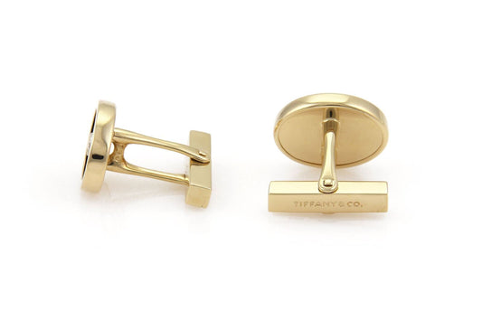 Tiffany & Co. Diamond Onyx Oval Shape 18k Yellow Gold Stud Cufflinks