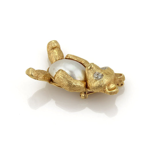 Diamond Mabe Pearl 14k Yellow Gold Bear Pin Brooch