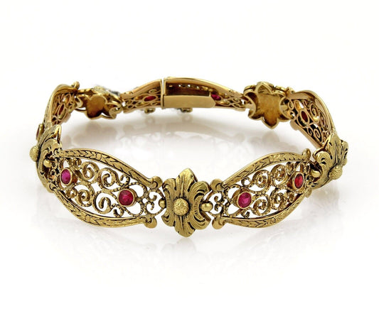 Antique Fancy Long Floral 18 Yellow Gold & Red Stones Open Link Bracelet