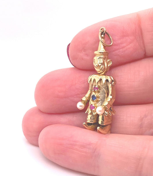 Pearl Sapphire & Ruby 14k Yellow Gold Movable Clown Charm Pendant