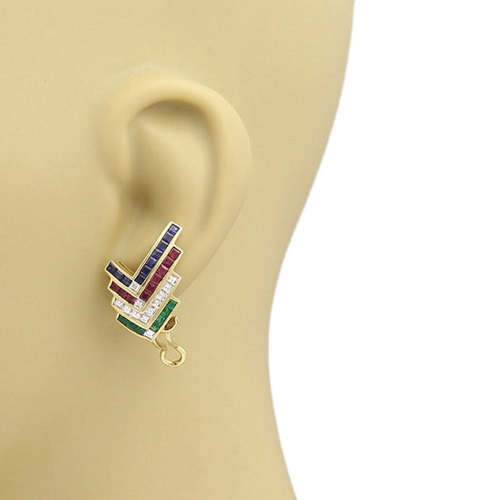 Diamond Emerald Ruby & Sapphire 18k Yellow Gold Earrings
