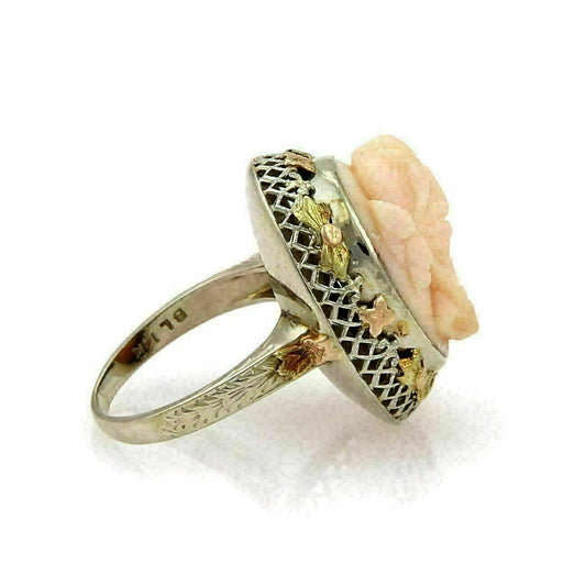 Coral Woman Cameo 14k Tri Gold Filigree Ring - Size 6