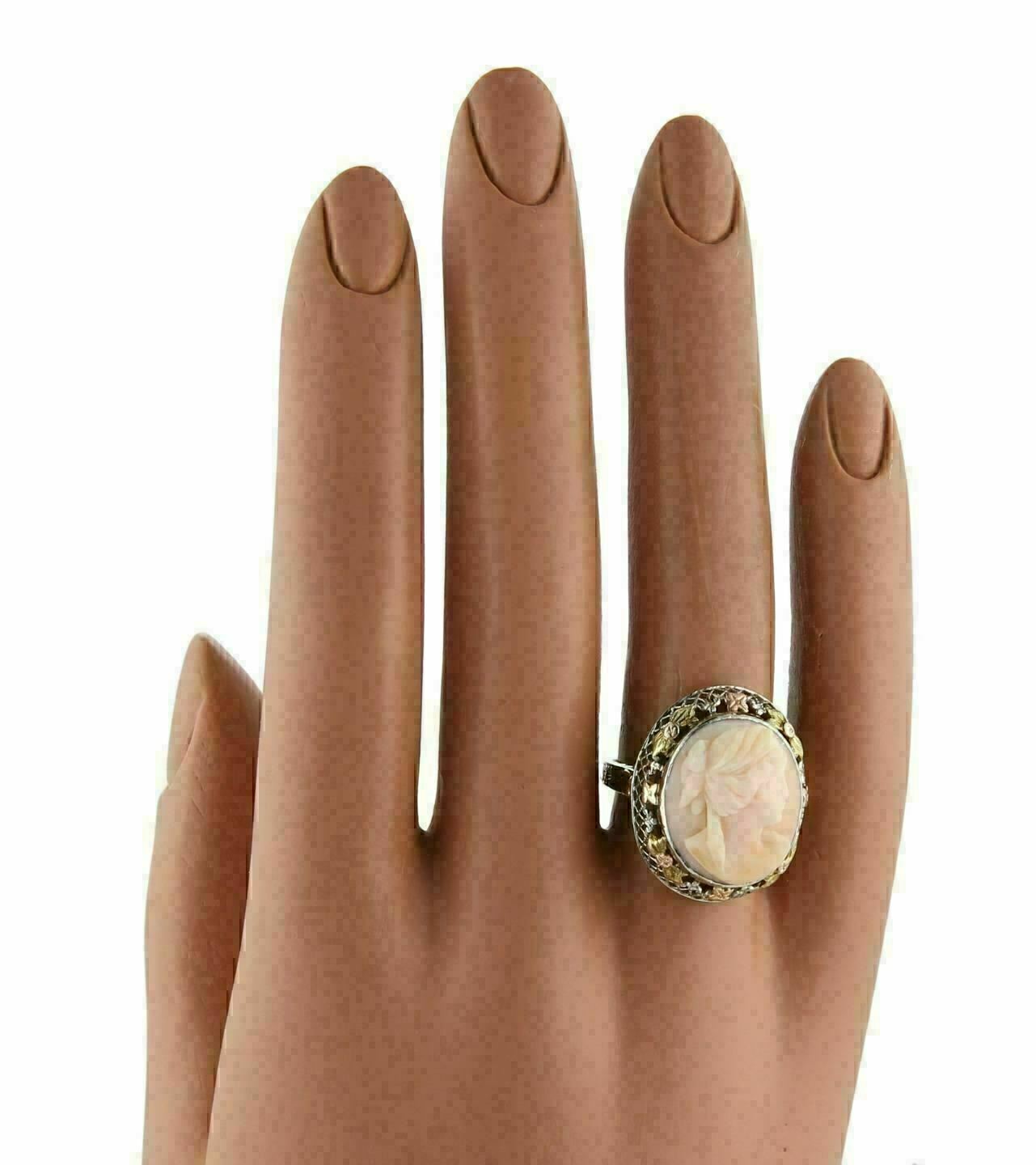 Coral Woman Cameo 14k Tri Gold Filigree Ring - Size 6