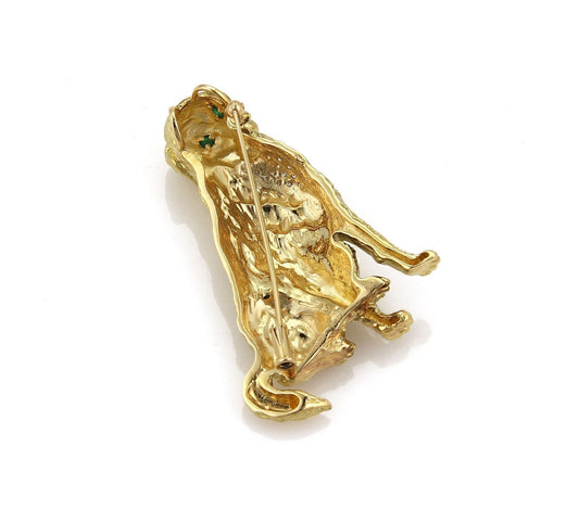 Diamond & Emerald Large 18k Yellow Gold Golden Retriever Dog Brooch Pin Pendant